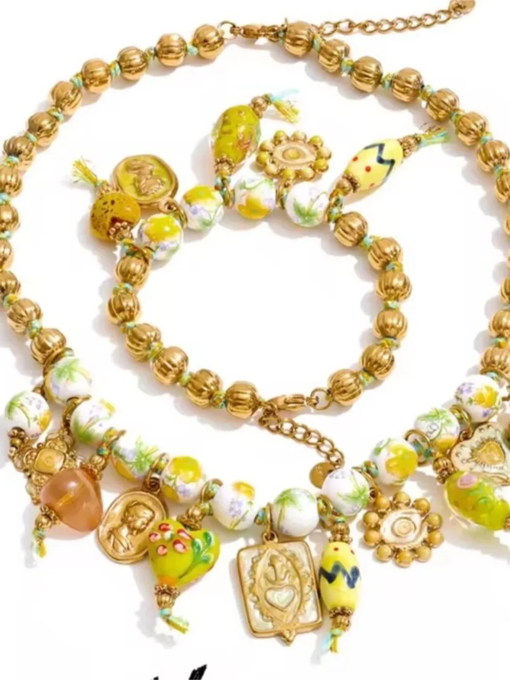 Gold-tone Necklace with Green, Yellow and White Beaded Charms
